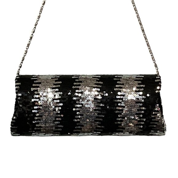 Jessica McClintock Black Sequin Handbag Clutch‎ Purse Chain Shoulder Strap - Picture 2 of 11